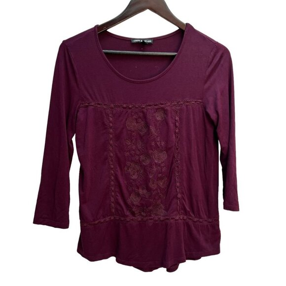 cable & Guage Burgundy 3/4 Sleeve Round Neck T-Shirt Top Size S - Picture 2 of 10